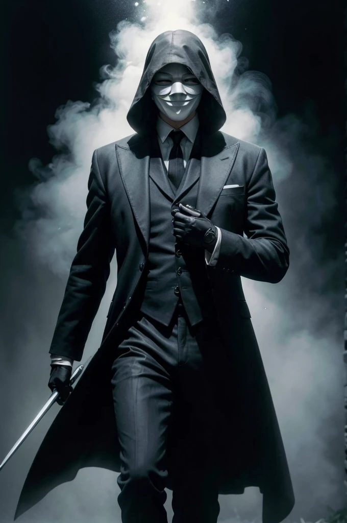 (best qualityer, high resolution, ultra detali), (realisitic:1.37), proffesional, bright coloured. a man with his face covered by a white mask from the film V for Vendetta, usando um terno preto. fighting money, oil painting, hard brush strokes, dramatic lighting,