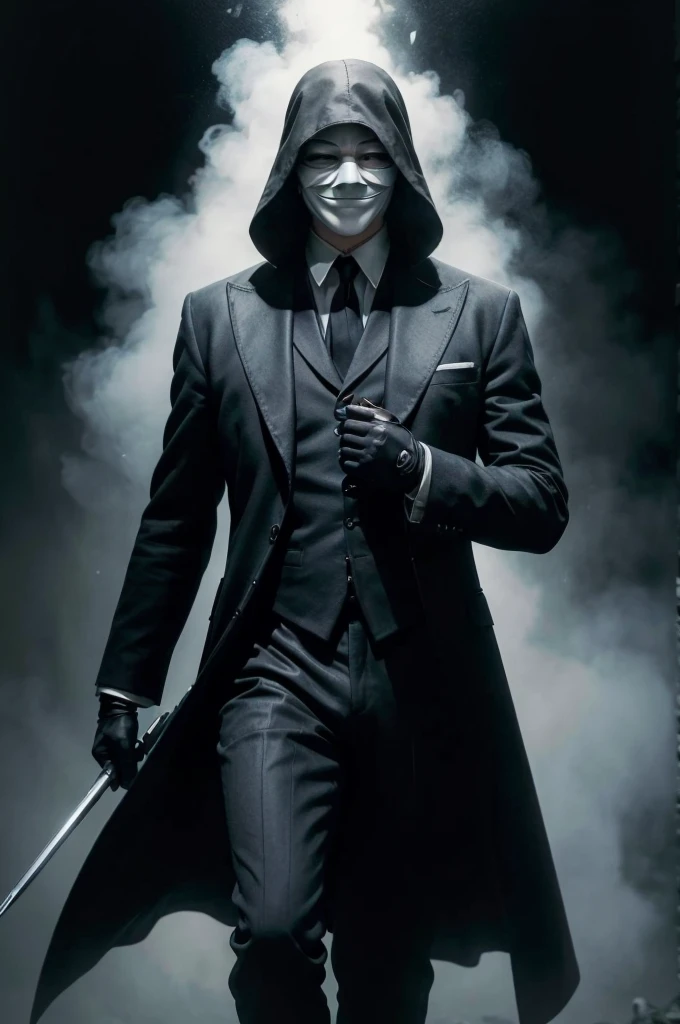 (best qualityer, high resolution, ultra detali), (realisitic:1.37), proffesional, bright coloured. a man with his face covered by a white mask from the film V for Vendetta, usando um terno preto. fighting money, oil painting, hard brush strokes, dramatic lighting,