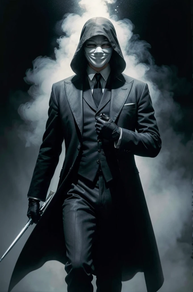 (best qualityer, high resolution, ultra detali), (realisitic:1.37), proffesional, bright coloured. a man with his face covered by a white mask from the film V for Vendetta, usando um terno preto. fighting money, oil painting, hard brush strokes, dramatic lighting,