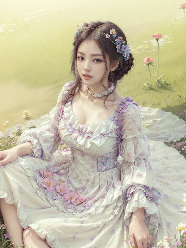 large breasted araffe woman in a simple tight dress with a deep neckline sitting in a flower field with flowers on the dress, hair tied in a bun, Sakimichan, lovely languid princess, rococo dress, Beautiful lady, flower dream, palace , a girl in hanfu, colorful renaissance dress, Beautiful lady de fantasía, lady in bright flower dress, Rococo queen, romantic dress, beautiful dolphin, floral collar with ruffles