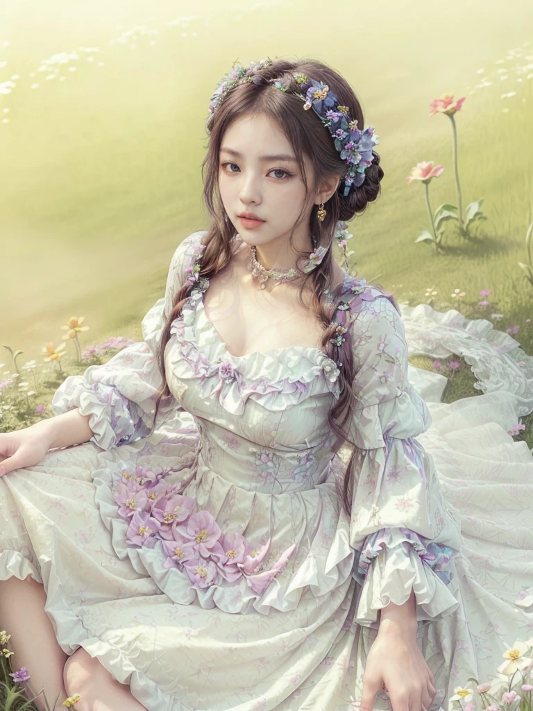 large breasted araffe woman in a simple tight dress with a deep neckline sitting in a flower field with flowers on the dress, hair tied in a bun, Sakimichan, lovely languid princess, rococo dress, Beautiful lady, flower dream, palace ， a girl in hanfu, colorful renaissance dress, Beautiful lady de fantasía, lady in bright flower dress, Rococo queen, romantic dress, beautiful dolphin, floral collar with ruffles
