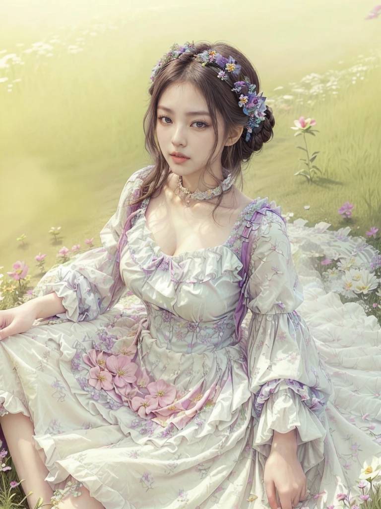 large breasted araffe woman in a simple tight dress with a deep neckline sitting in a flower field with flowers on the dress, hair tied in a bun, Sakimichan, lovely languid princess, rococo dress, Beautiful lady, flower dream, palace , a girl in hanfu, colorful renaissance dress, Beautiful lady de fantasía, lady in bright flower dress, Rococo queen, romantic dress, beautiful dolphin, floral collar with ruffles