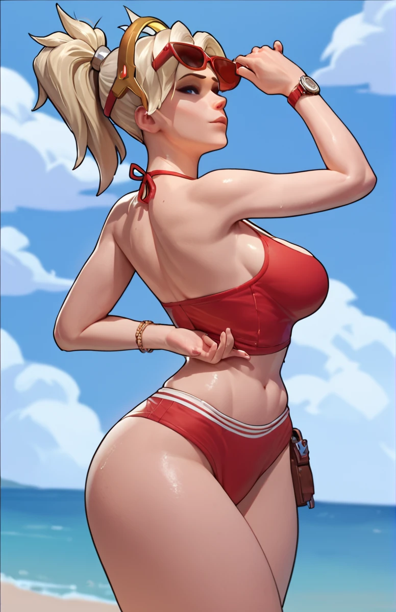 score_9,score_8_up,score_7_up,score_6_up ,source_overwatch score_9, score_8_up, score_7_up,  1woman, solo, mercy \(overwatch\), high quality, at beach, red swim bikini, red cappy, baywatch