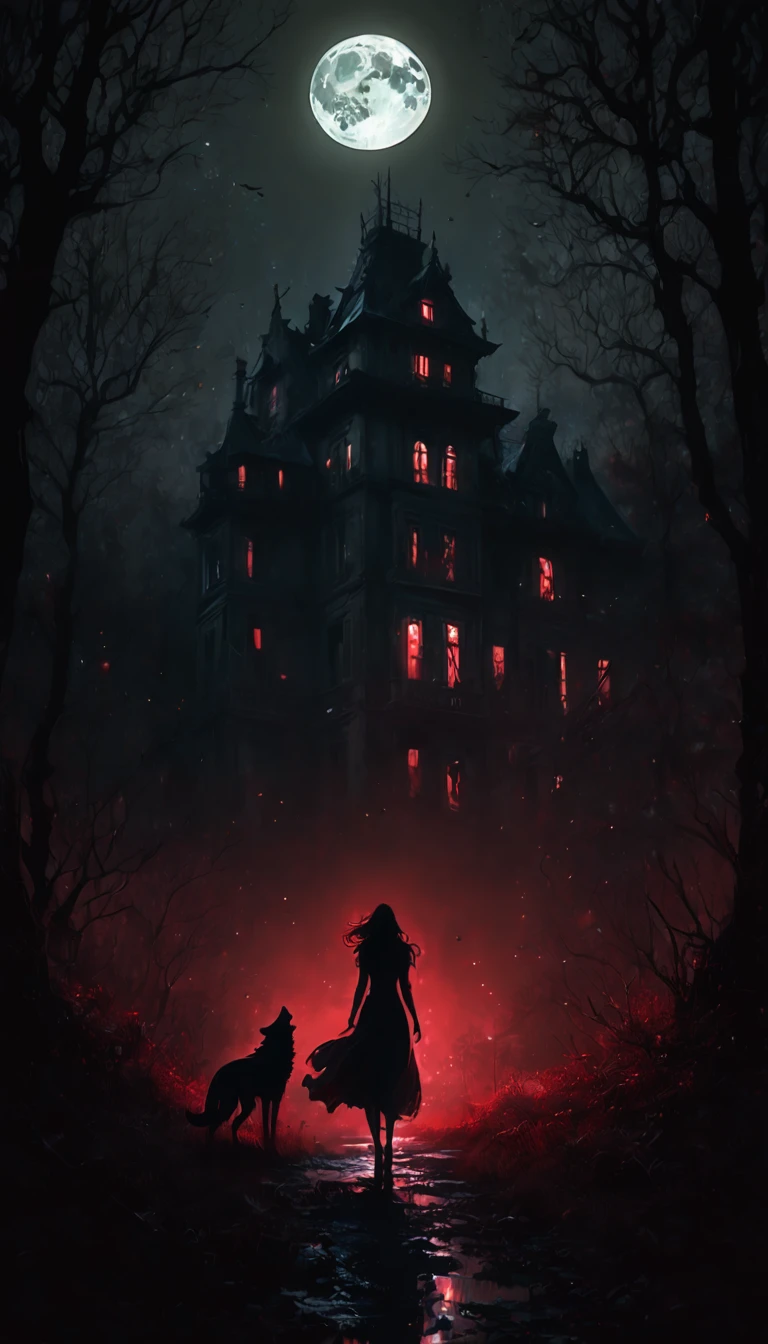 a decaying abandoned mansion in a lush overgrown forest, full moon glowing red in a dark night sky, shadowy wolf silhouettes prowling through the scene, twinkling stars, (best quality, 4k, 8k, highres, masterpiece:1.2), ultra-detailed,(realistic, photorealistic, photo-realistic:1.37), oil painting, intricate brushstrokes, dramatic lighting, dark moody atmosphere, chiaroscuro, Bill Sienkiewicz inspired art