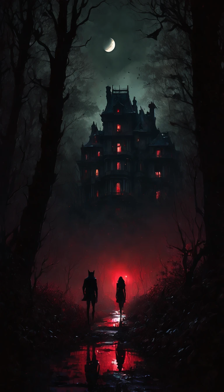 a decaying abandoned mansion in a lush overgrown forest, full moon glowing red in a dark night sky, shadowy wolf silhouettes prowling through the scene, twinkling stars, (best quality, 4k, 8k, highres, masterpiece:1.2), ultra-detailed,(realistic, photorealistic, photo-realistic:1.37), oil painting, intricate brushstrokes, dramatic lighting, dark moody atmosphere, chiaroscuro, Bill Sienkiewicz inspired art
