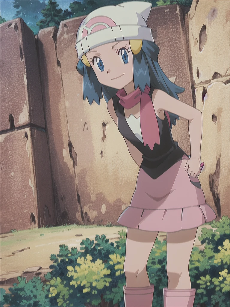 masterpiece, best quality, 1girl, dawn \(pokemon\), beanie, long hair, blue hair, blue eyes, black sleeveless shirt, pink scarf, pink skirt, pink boots, hands on hips, smile, looking at viewer, forest background