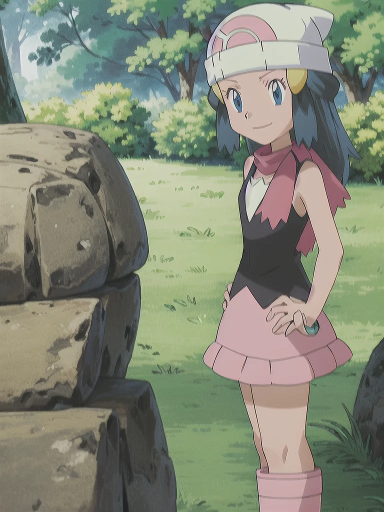 masterpiece, best quality, 1girl, dawn \(pokemon\), beanie, long hair, blue hair, blue eyes, black sleeveless shirt, pink scarf, pink skirt, pink boots, hands on hips, smile, looking at viewer, forest background