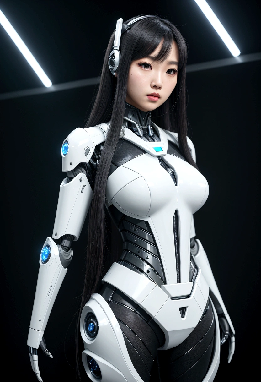 asian woman, standing, stop FRONT VIEW, tez blanca, korean, tits, futuristic clothing, modern outfit provided, NO DEFORMATIONS, beautiful, robot, cyborg, android, light, laser, League of Legends, splah art, sexy, the payment, chrome, Metal, FNAF, Animatronic, White y negro, shadows, contrast, linda, beauty, goddess, kpop, Twice, Blackpink, warframe, robots, EVERGLOW, Aespa, idol, star wars, steel, iron, Metal, the payment, Dark, lingerie, Dorado, gold, lights, trails, cables, wires, doll, doll, doll, haydee. neutral background, armor, haydee, hair without bangs, hair on the sides, long straight hair, hair without bangs, hair on the sides, White, White, lights y detalles celestes.