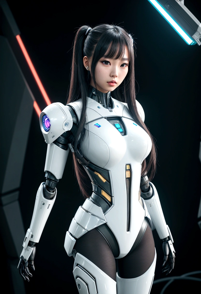 asian woman, standing, stop FRONT VIEW, tez blanca, korean, tits, futuristic clothing, modern outfit provided, NO DEFORMATIONS, beautiful, robot, cyborg, android, light, laser, League of Legends, splah art, sexy, the payment, chrome, Metal, FNAF, Animatronic, White y negro, shadows, contrast, linda, beauty, goddess, kpop, Twice, Blackpink, warframe, robots, EVERGLOW, Aespa, idol, star wars, steel, iron, Metal, the payment, Dark, lingerie, Dorado, gold, lights, trails, cables, wires, doll, doll, doll, haydee. neutral background, armor, haydee, hair without bangs, hair on the sides, long straight hair, hair without bangs, hair on the sides, White, White, lights y detalles celestes.
