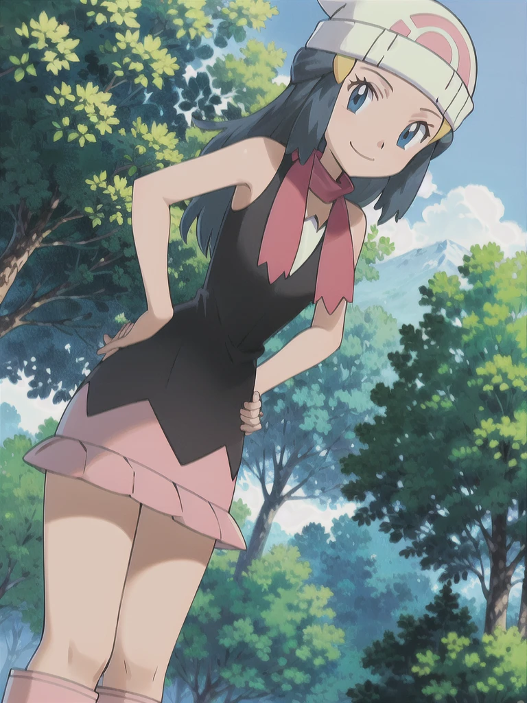 masterpiece, best quality, 1girl, dawn \(pokemon\), beanie, long hair, blue hair, blue eyes, black sleeveless shirt, pink scarf, pink skirt, pink boots, hands on hips, smile, looking at viewer, forest background 