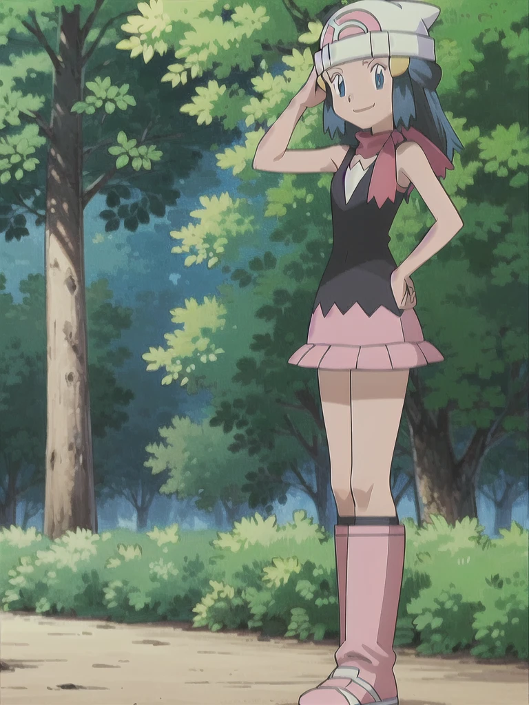 masterpiece, best quality, 1girl, dawn \(pokemon\), beanie, long hair, blue hair, blue eyes, black sleeveless shirt, pink scarf, pink skirt, pink boots, hands on hips, smile, looking at viewer, forest background