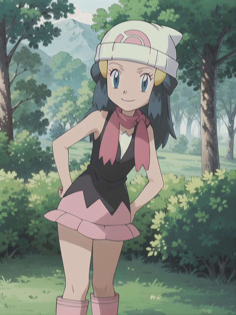 masterpiece, best quality, 1girl, dawn \(pokemon\), beanie, long hair, blue hair, blue eyes, black sleeveless shirt, pink scarf, pink skirt, pink boots, hands on hips, smile, looking at viewer, forest background