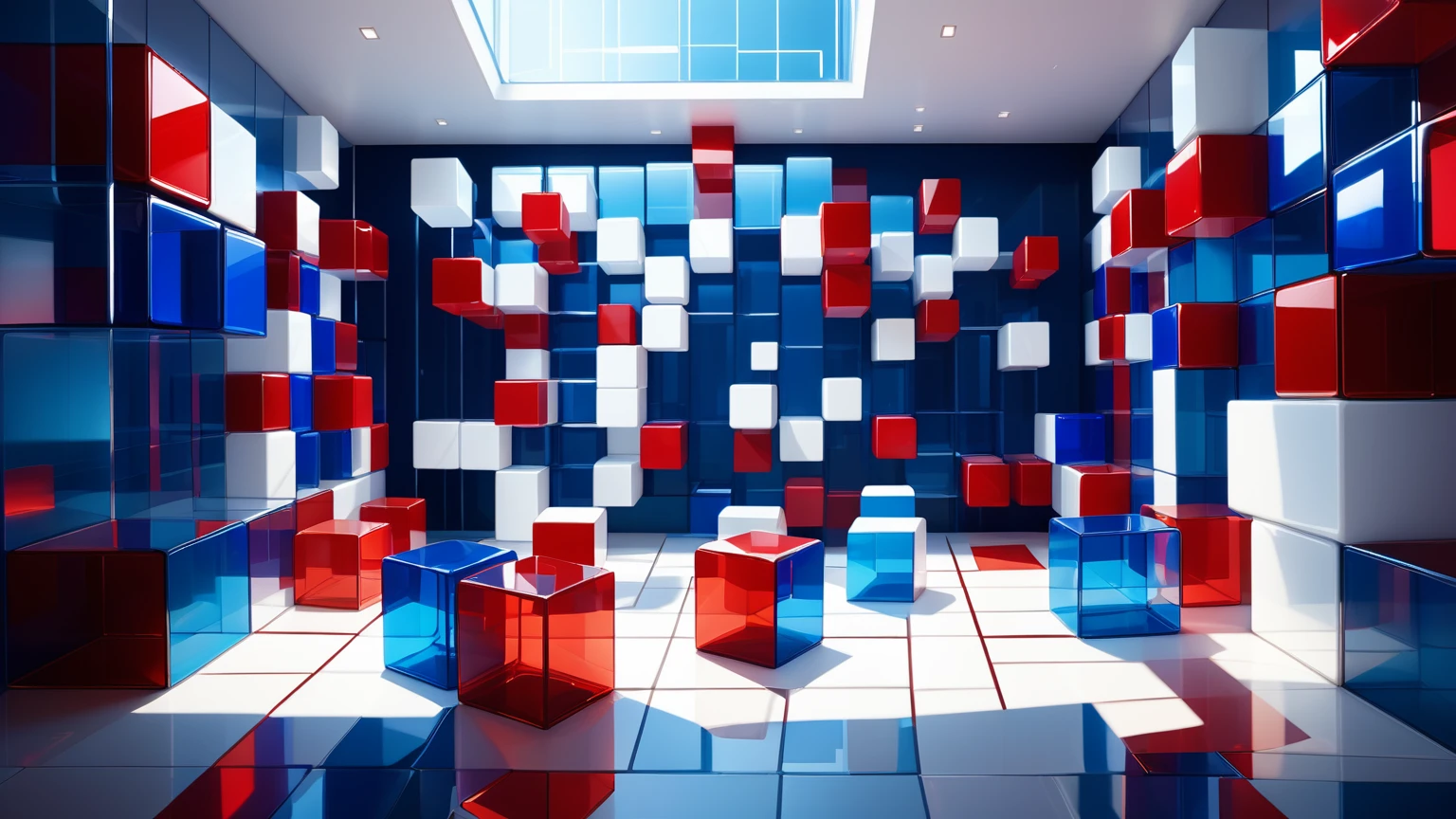 de cristal,Glass-walled room with red, 

white, 

and blue colored cubes forming the walls, 

floor, 

and ceiling, 

featuring floor reflections, isometric art, 3d art,  high detail, artstation, concept art, cinematic lighting, ray tracing, smooth, sharp focus, ethereal lighting