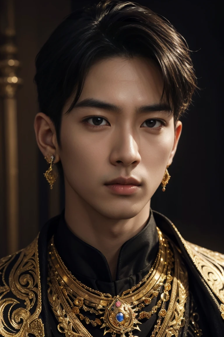 asian prince of stars, highly detailed portrait, chiaroscuro lighting, dramatic intricate costume, regal expression, piercing gaze, elaborate head ornaments, gold accents, dramatic lighting, cinematic composition, intricate facial features, hyper-realistic, 8k, photorealistic, masterpiece, digital painting, vibrant colors, dramatic lighting, moody atmosphere, dynamic pose