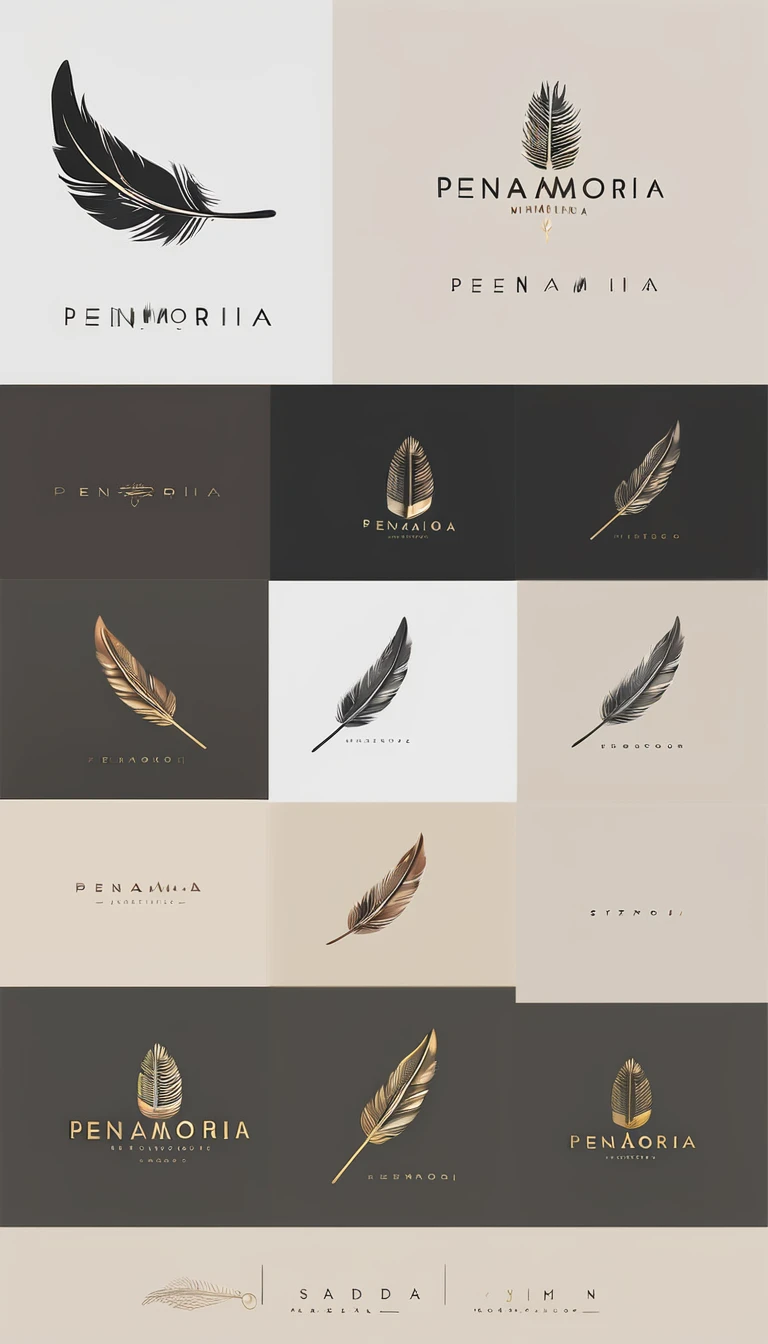 A minimal, modern, simple, cinematic logo design for the brand “Penamemoria". Create a modern, minimalistic, high-quality, logo of a feather with memories. The logo must be a symbol for dreams, stories, memories, music and imagination.