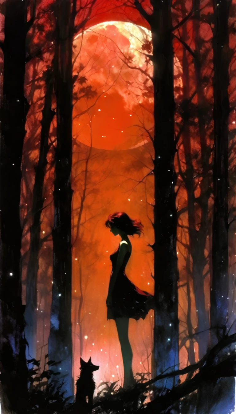a decaying abandoned mansion in a lush overgrown forest, full moon glowing red in a dark night sky, shadowy wolf silhouettes prowling through the scene, twinkling stars, (best quality, 4k, 8k, highres, masterpiece:1.2), ultra-detailed,(realistic, photorealistic, photo-realistic:1.37), oil painting, intricate brushstrokes, dramatic lighting, dark moody atmosphere, chiaroscuro, Bill Sienkiewicz inspired art