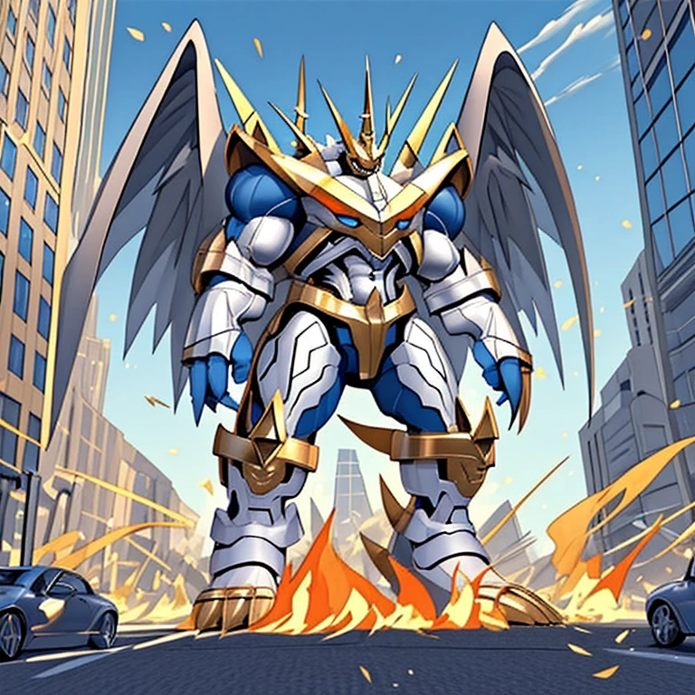 (solo. masterpiece. official art. 8k. best quality. detailed full body. full body.)
 
(situation 1 : dominating Imperialdramon_Paladin_Mode. Imperialdramon_Paladin_Mode is over 1000 meters long. focus GIANT mechanical Muscular Imperialdramon_Paladin_Mode is trampling the city. Looking down. macro. stomp. Low-angle perspective. emphasizing the immense size.)

(situation 2 :smoke and flames rising from the destruction in the city)

(Additional details 1: full plate armor. armor. sword. holding a sword. gauntlet.).

(Additional details 2: (Detailed head. Detailed Body. Detailed abs. gigantic muscles. HYPER MUSCLES. Gigachad Muscular. big muscle. pecs. triceps. traps. unusually developed muscular body. body full of huge muscles. showing off muscles. pectorales enormes. Exaggeratedly huge muscles. huge muscles. long legs.).

(Additional details 3: Spread wings. It has wings. have big wings. The claws are sharp. Sharp teeth.).