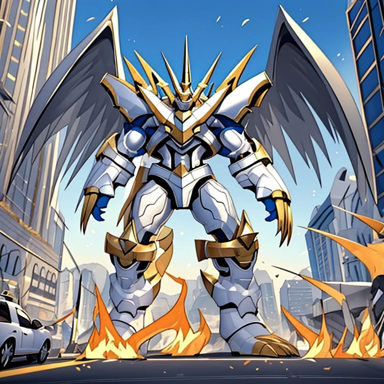 (solo. masterpiece. official art. 8k. best quality. detailed full body. full body.)
 
(situation 1 : dominating Imperialdramon_Paladin_Mode. Imperialdramon_Paladin_Mode is over 1000 meters long. focus GIANT mechanical Muscular Imperialdramon_Paladin_Mode is trampling the city. Looking down. macro. stomp. Low-angle perspective. emphasizing the immense size.)

(situation 2 :smoke and flames rising from the destruction in the city)

(Additional details 1: full plate armor. armor. sword. holding a sword. gauntlet.).

(Additional details 2: (Detailed head. Detailed Body. Detailed abs. gigantic muscles. HYPER MUSCLES. Gigachad Muscular. big muscle. pecs. triceps. traps. unusually developed muscular body. body full of huge muscles. showing off muscles. pectorales enormes. Exaggeratedly huge muscles. huge muscles. long legs.).

(Additional details 3: Spread wings. It has wings. have big wings. The claws are sharp. Sharp teeth.).