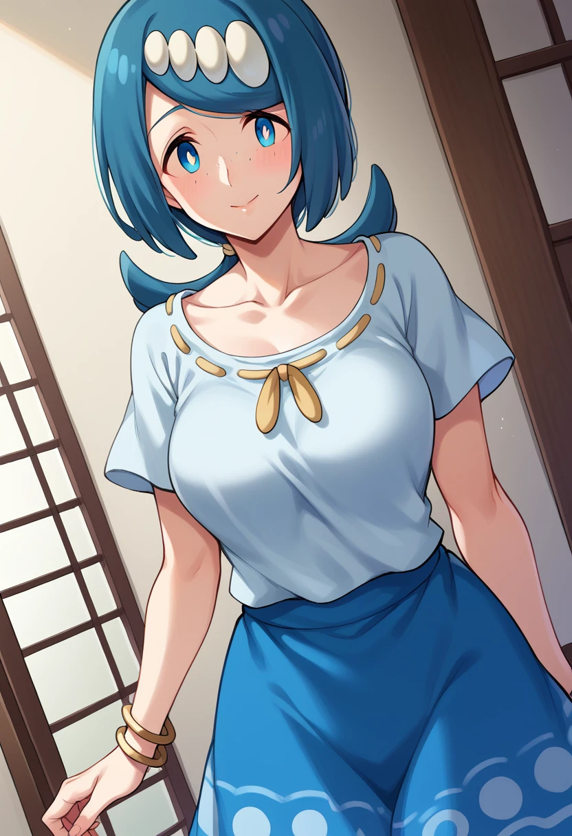 score_9, score_8_up, score_7_up, source_anime,
pokemonmotherlana, pokemonmotherlana, blue eyes, blue hair, freckles, hair ornament, long hair, swept bangs, bright pupils,
blouse, blue skirt, bracelet, collarbone, dress, jewelry, long skirt, shirt, short sleeves, skirt, white shirt,
indoors,
looking at viewer, cowboy shot, dutch angle,