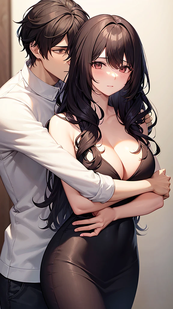 a tall woman with bangs and wavy hair, She is hugging a man with wavy hair with a strand of hair behind his right ear and also a strand of hair behind his left ear., his skin color is brown