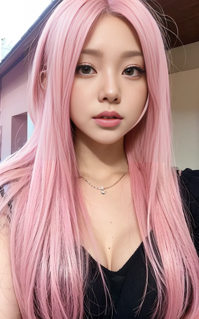 gyaru, pink hair, face close up, from under