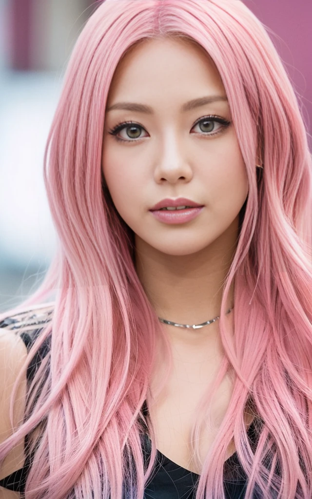 gyaru, pink hair, face close up, from under