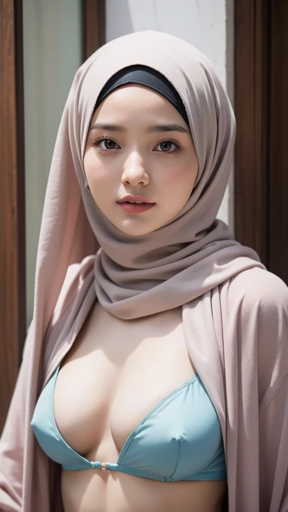 make a photo of a woman wearing a hijab without a bra, her breasts are exposed 