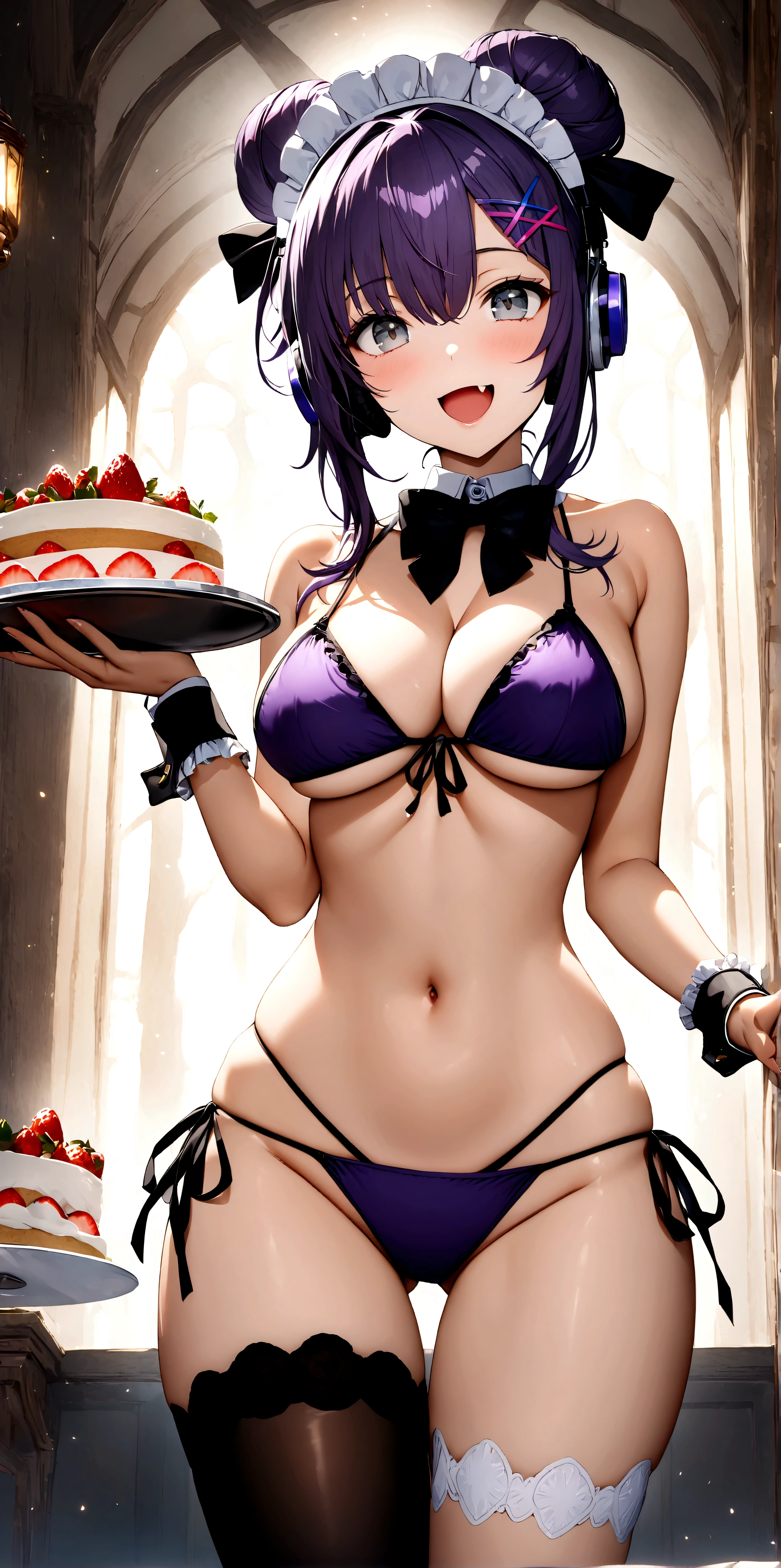 ((32k)), ((best quality)), ((ultra high res)), ((HDR)), ((UHD)), ((extremely detailed CG)), ((unity 32k wallpaper)), (((Virgin girl))), solo, long hair, (breasts), looking at viewer, smile, open mouth, hair ornament, thighhighs, bow, navel, holding, cleavage, bare shoulders, (large breasts), purple hair, standing, swimsuit, :d, bikini, (cowboy shot), frills, food, fang, black thighhighs, bowtie, stomach, hair bun, wrist cuffs, grey eyes, maid headdress, detached collar, fruit, side-tie bikini bottom, headphones, thigh gap, single hair bun, x hair ornament, single thighhigh, front-tietop, string bikini, plate, tray, cake, strawberry, purple bikini, cake slice, (from below), ((front)),