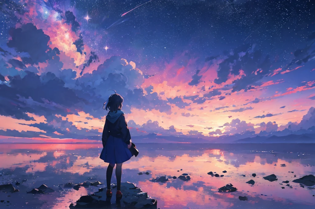 anime - style scene of a beautiful sky with a star and a planet, cosmic skies. by makoto shinkai, anime art wallpaper 4k, anime art wallpaper 4 k, anime art wallpaper 8 k, anime wallpaper 4k, anime wallpaper 4 k, 4k anime wallpaper, anime sky, amazing wallpaper, anime background, heaven planet in background, anime background art, no person