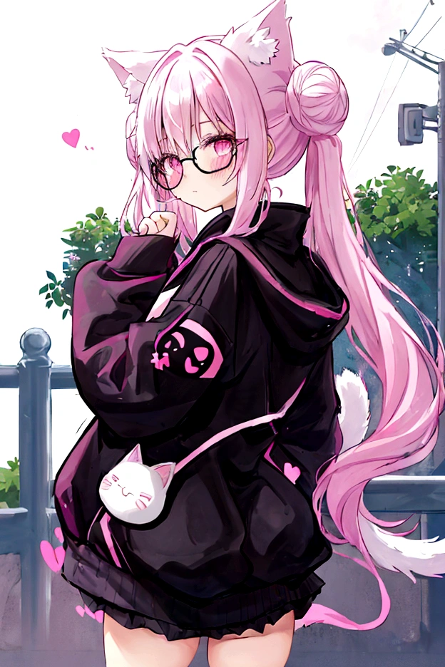 I have white pink hair, cat ears, a bun, my face is super blushing, black glasses, pink heart eyes, a big pink sweatshirt, a black skirt, black stockings, white shoes, a cat's tail, a girl. very shy I am on a fence with my back showing my butt