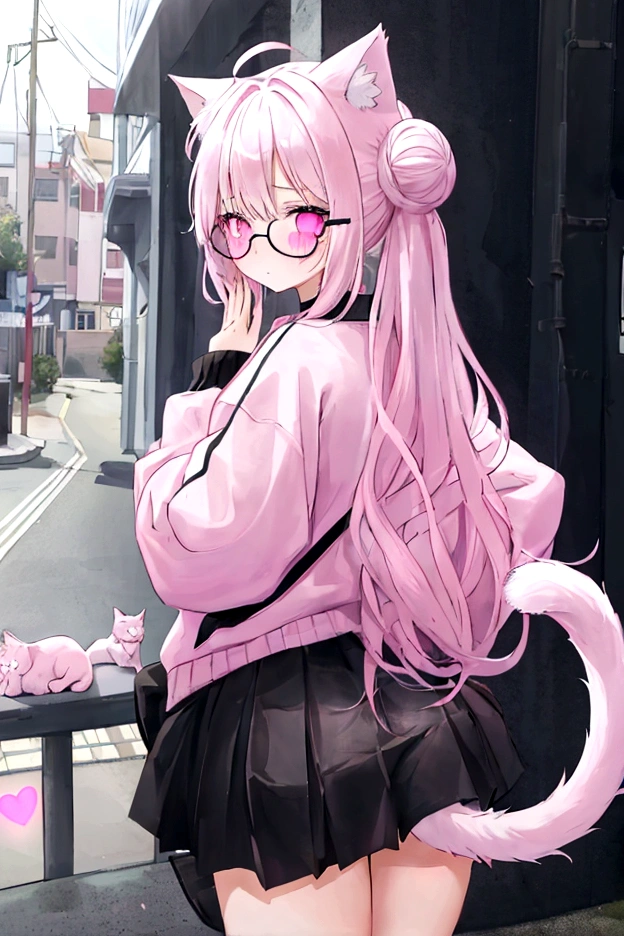 I have white pink hair, cat ears, a bun, my face is super blushing, black glasses, pink heart eyes, a big pink sweatshirt, a black skirt, black stockings, white shoes, a cat&#39;s tail, a girl. very shy I am on a fence with my back showing my butt