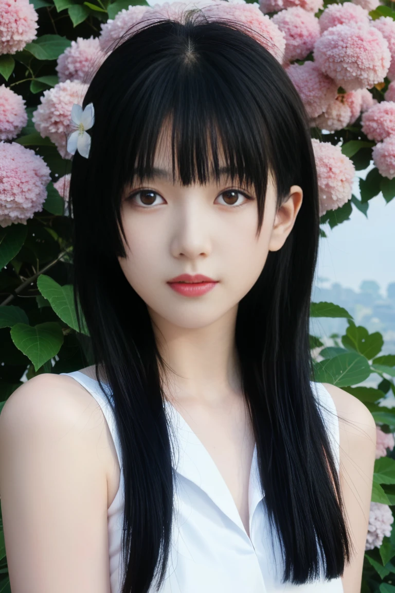 best quality, tmasterpiece,Ultra-high resolution,Clear face,(Reality:1.4),ferpect lighting,(upper body photo), (photorealistic:1.50), anime wallpaper, Guviz style artwork, cover-up fantasy up to magic , by Yang J, Guviz, beautiful artwork illustration, beautiful digital artwork, beautiful digital illustration, Li Song, beautiful anime portrait, art style in Beauvot, 1girl, 独奏, red eyes, hair flower, , serafuku, hydrangea, Garden, looking at viwer,