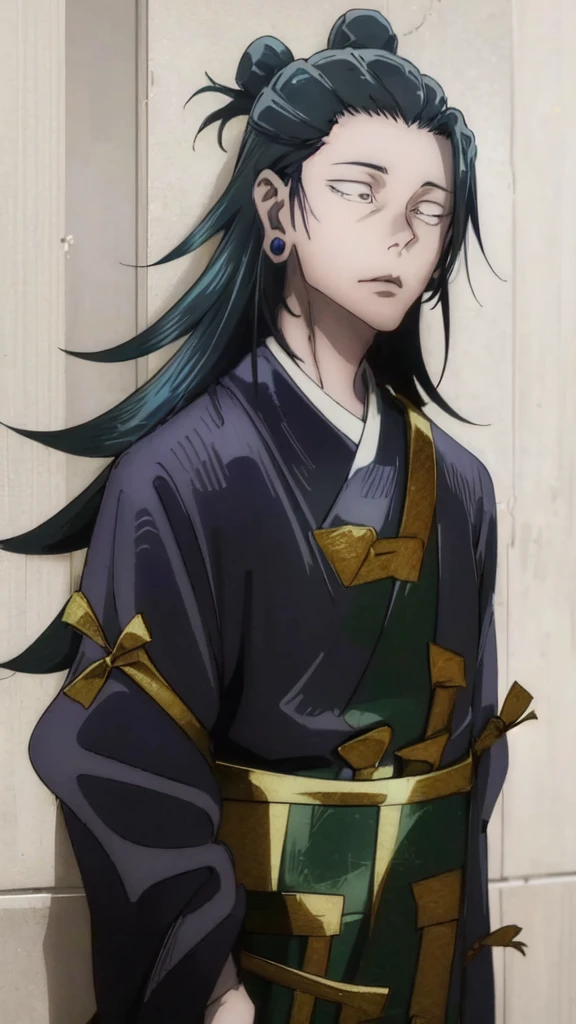 A LITTLE CHARACTER WITH BLACK HAIR, LONG AGA, BROWN EYES, HANDSOME, SEXY FACE, WEARING A KIMONO. NAMED "SUGURU GETO" IN THE ANIME STORY SERIES"(JUJUTSU KAISEN), IT STANDS IN THE MIDDLE OF A BEAUTIFUL CITY, WITH REALISTIC HDR -8K EFFECTS.