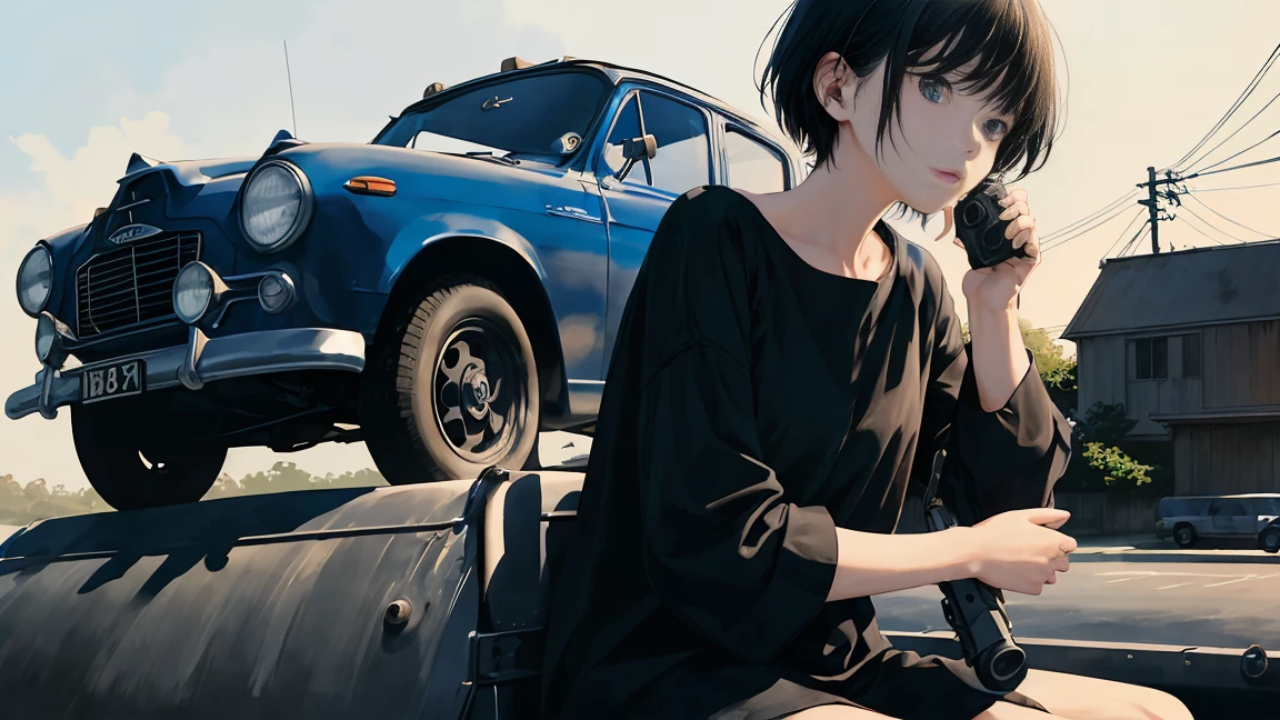 girl、blouse、Holding a gun、Black Hair、short hair、Look down、sitting on the roof of a car、sitting cross-legged、Watercolor、Looking into the distance、Stylish illustrations、One person、Not real、Simple illustration、Navy blue supercar、