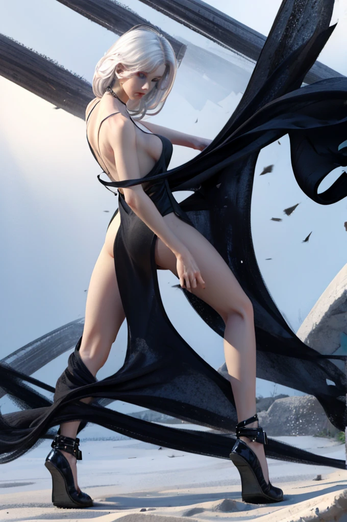 female character, (black), fully body, ((straight white hair)), greeneyes, (big-ass) (sexy black long dress)