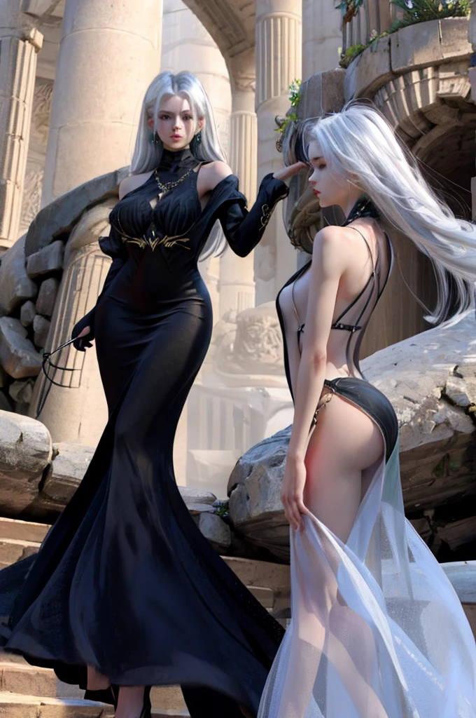 female character, (black), fully body, ((straight white hair)), greeneyes, (big-ass) (sexy black long dress)