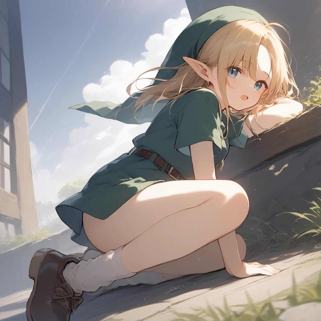 score_9, score_8_up, score_7_up, source_anime, best quality, masterpiece, official art, absurdres, highres, ultra-detailed,waifu2x,Collection: Slice of Life,break,1girl, YoungLink,13-year-old, small breasts, blonde hair, green tunic, pointy ears, hat, solo, blue eyes,green_headwear belt, sword, sweat, open mouth, sleepily, meadow, outdoors, wind,break,(clear line illustration:1.2), super detailed skin,very high resolution, very aesthetic, Best sexual lighting powered by famous artist, 8k,cute picture,beauty illustration,photoshop_(medium),,(Detailed Lighting),best anime 8k konachan wallpaper, pixiv contest winner, 