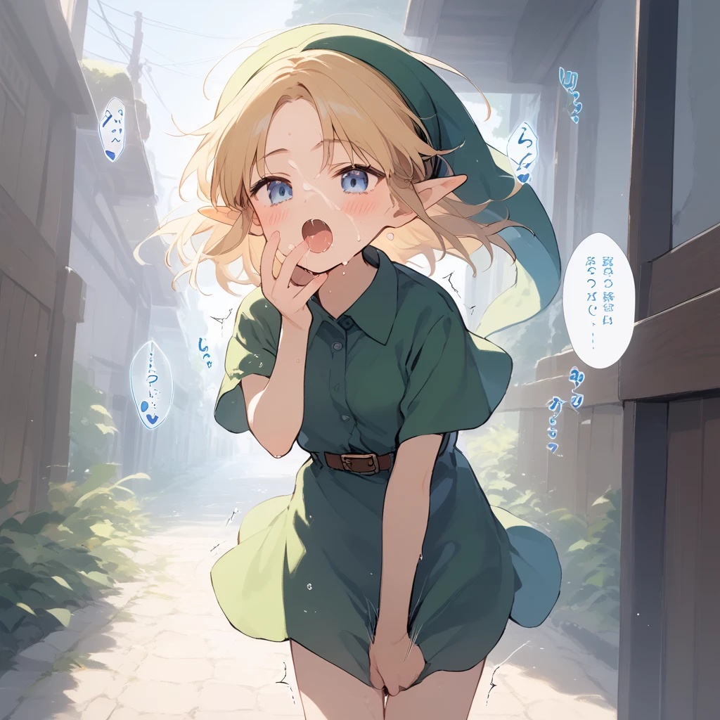 score_9, score_8_up, score_7_up, source_anime, best quality, masterpiece, official art, absurdres, highres, ultra-detailed,waifu2x,Collection: Slice of Life,break,1girl, YoungLink,-yeld, sl breasts, blonde hair, green tunic, pointy ears, hat, solo, blue eyes,green_headwear belt, (nipple:0.6), sweat, saliva, (yawn:0.5),blush, penis, twitching penis, oral sex, felatio, cum, motion lines,projectile cum, facial, bukkake, hot breath, sound effects, meadow, outdoors, wind,break,(clear line illustration:1.2), super detailed skin,very high resolution, very aesthetic, Best sexual lighting powered by famous artist, 8k,cute picture,beauty illustration,photoshop_(medium),,(Detailed Lighting),best anime 8k konachan wallpaper, pixiv contest winner, 