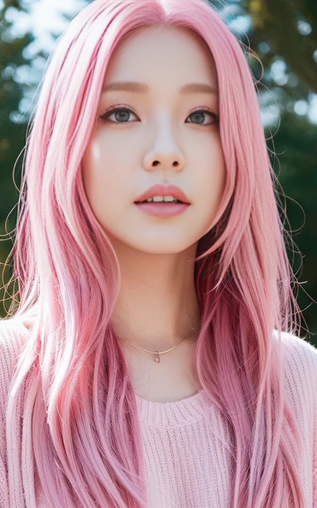 woman, pink hair, face close up, from under