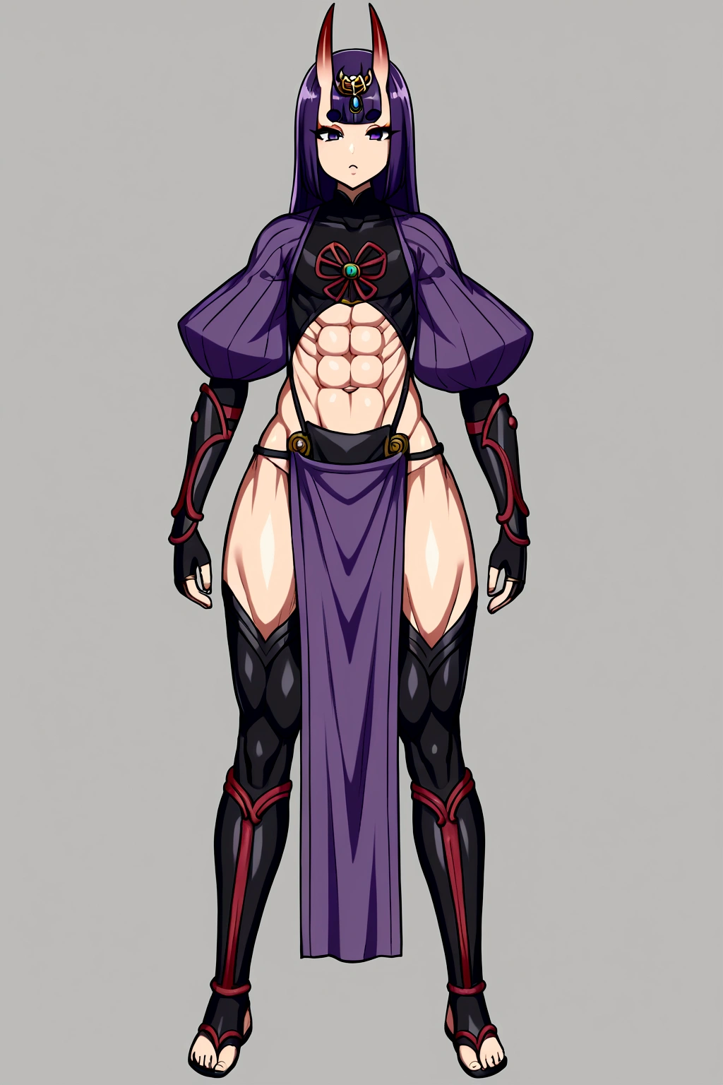 Shuten femboy, parted bangs, purple eyes, purple hair, long hair, hime cut, forehead, arm guards, armor, black gloves, bodysuit, fingerless gloves, gloves, japanese armor, kote, loincloth, purple bodysuit, ribbed sleeves, tabard, toned, muscular body, gigantic penis with big balls, full body.