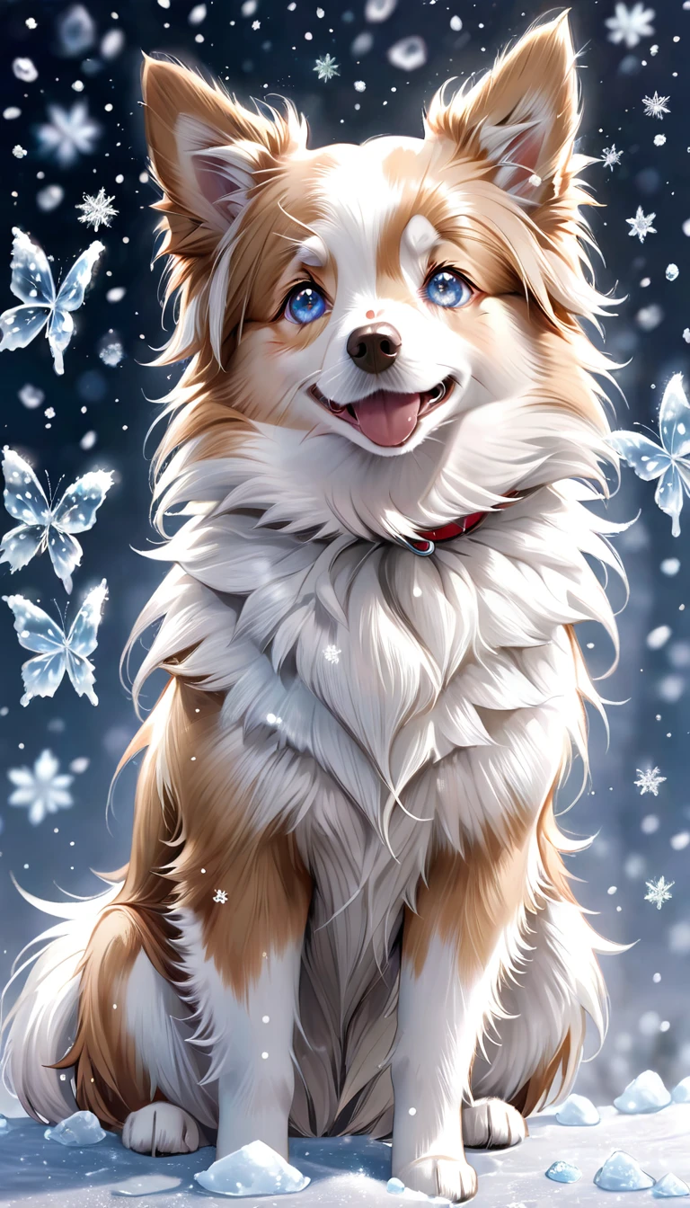 absurdres, highres, ultra detailed, HDR, master piece, best quality, extremely detailed, dog, border collie doble merle, pure white fur, light brown around the eyes, light brown ears, solo, cute, small, fantasy, magical, magic, glittering, sparkling, ice butterflies, ice flowers, snowing, snowflakes, winter, ice