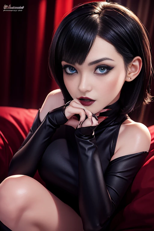 Mavis dracula, 1 girl, Bblack hair, blue colored eyes, ((Black micro bikini), Tilt your head, cowboy shot, medium breasts, coxas nuas, sitting down, 正面, 1 girl, standing alone, gazing at viewer, all-body, pose, best quality, no flaws