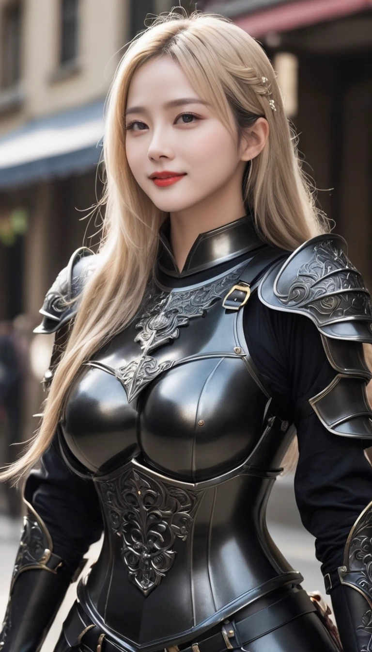 masterpiece,Highest quality,High ranking knight,(女性Black Knight_Black Knight:1),(Jet black full body armor:1.3), (35歳の女性Black Knight:1.3),、Very large ample breasts　Big big cleavage　,Hyper Real,中世ヨーロッパのbattlefieldにいる,Beautiful smile、British women、Delicate skin texture to the smallest detail、Detailed blue eyes　(Very large)、(キレイな中年女性Black Knight)、(Fluffy long blonde hair)、Dense and dense skin texture、(((Very big huge boobs)))、女性Black Knight、(((Big big cleavage)))、Jet Black Armor、Jet black long boots、Jet Black Earrings、Red lips、(((Jet black full body armorを身にまとった)))、Jet Black Gloves、((She has a fancy long sword))、The sword is ornately decorated..........................、((The blade is crimson))、(女性Black Knight)、(battlefield)、