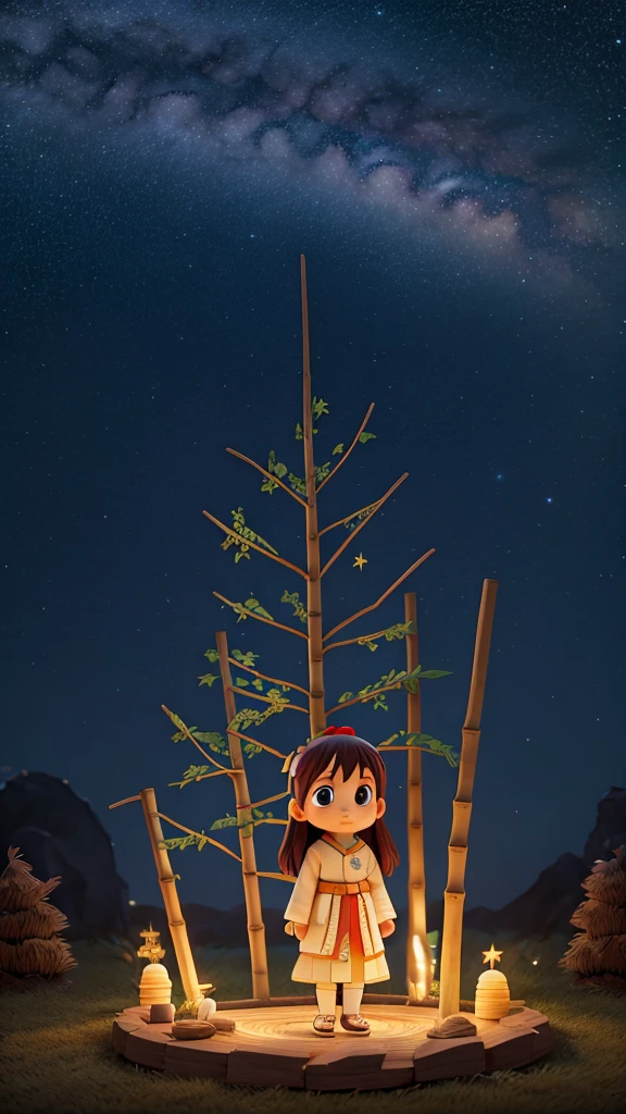 Background: A night sky filled with shining stars and the Milky Way Main: Orihime and Hikoboshi standing on opposite banks of the Milky Way Decoration: Bamboo branches adorned with tanzaku (paper strips) and colorful decorations