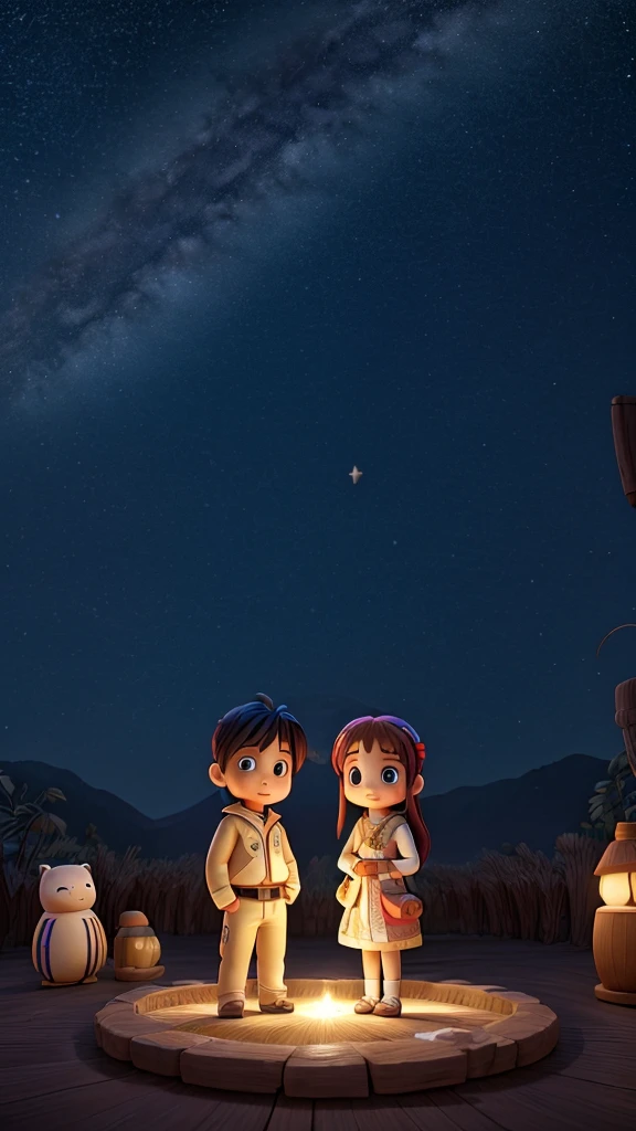 Background: A night sky filled with shining stars and the Milky Way Main: Orihime and Hikoboshi standing on opposite banks of the Milky Way Decoration: Bamboo branches adorned with tanzaku (paper strips) and colorful decorations
