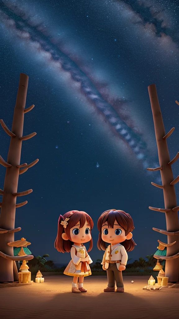 Background: A night sky filled with shining stars and the Milky Way Main: Orihime and Hikoboshi standing on opposite banks of the Milky Way Decoration: Bamboo branches adorned with tanzaku (paper s) and colorful decorations