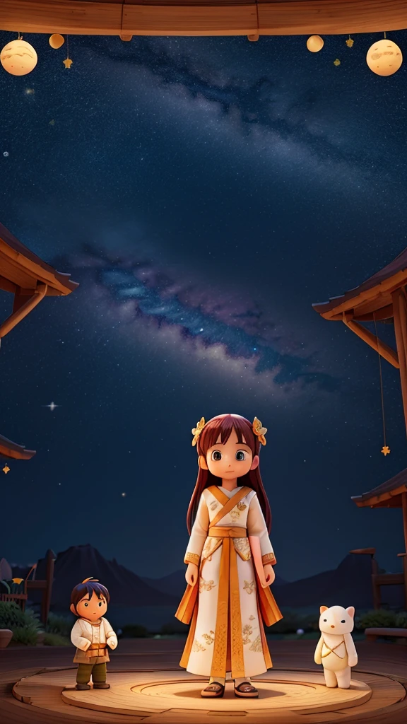 Background: A night sky filled with shining stars and the Milky Way Main: Orihime and Hikoboshi standing on opposite banks of the Milky Way Decoration: Bamboo branches adorned with tanzaku (paper strips) and colorful decorations