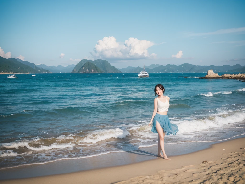 8K, blue sea with waves., Danang Beach, Vietnam, Beautiful 36-year-old short Korean woman, Chest size 34 inches, Wear sleeveless, light skirt. beautiful pretty woman look , wearing a light skirt , Short medium hair blowing in the wind, 1 short woman, beautiful eyes, I smile, Full-body photo taken from afar with a wide-angle lens, The background is clean and perfect., standing on the beach