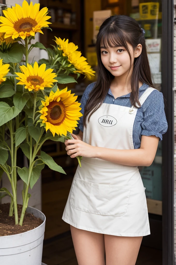 A 20-year-old girl working at a flower shop（Wearing a miniskirt and apron）have a sunflower