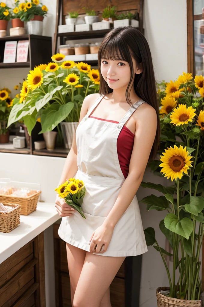 A 20-year-old girl working at a flower shop（Wearing a miniskirt and apron）have a sunflower